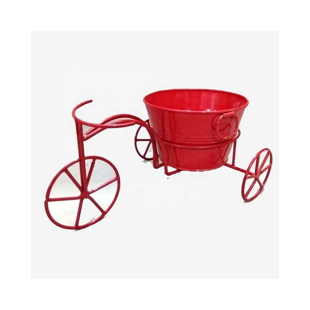 Ceramic White Elephant Animal Tricycle Metal Plant Pot Stand Pot Stand With Wheels Iron Wire Tricycle Pot Stand Red