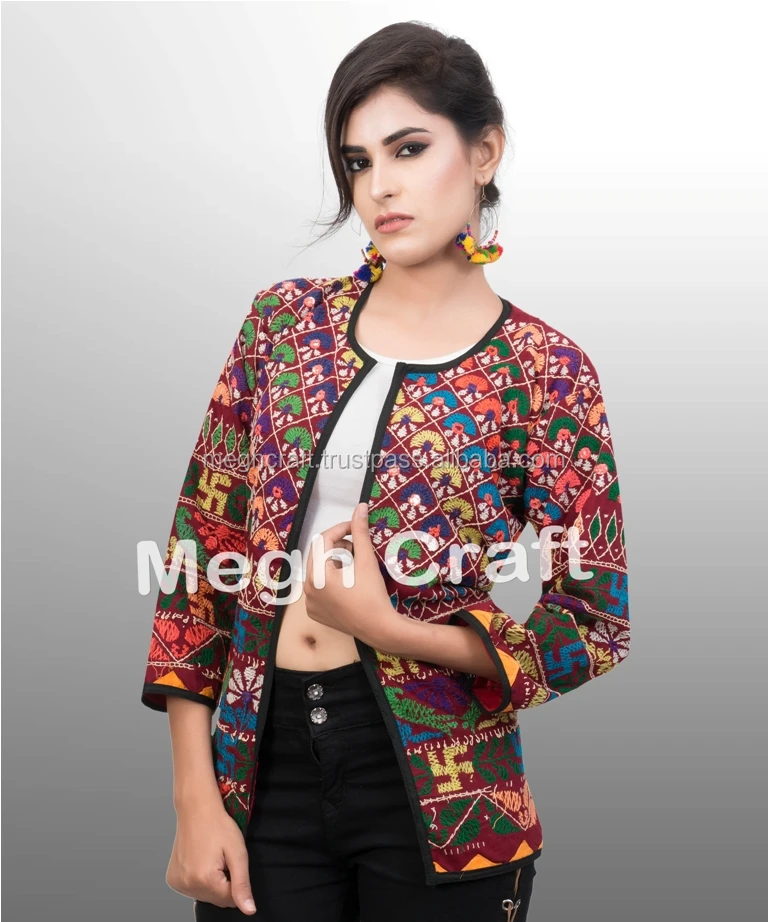 Indian Handmade Embroidered Bomber Jacket Ladies Bohemian Embroidered Jacket Cotton Kutch Mirror work Jacket Boho Embroidery Alibaba