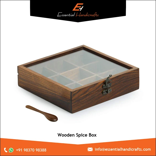 High  Quality Wooden Square Spice Box  9 Containers Masala Dabba Jars Storage for Kitchen Indian Wood Container