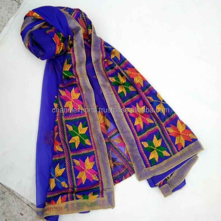 Colorful Embroidery Design of Women Beachwear Sarongs Phulkari Dupattas Scarfs Colorful Hand Embroidered Phulkari Dupatta