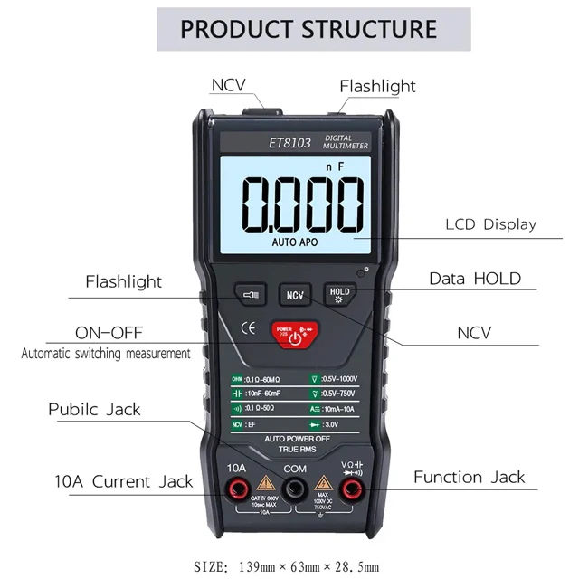 ET8103 Full Intelligent Digital Multimeter Mini Portable Pocket Measure Tool