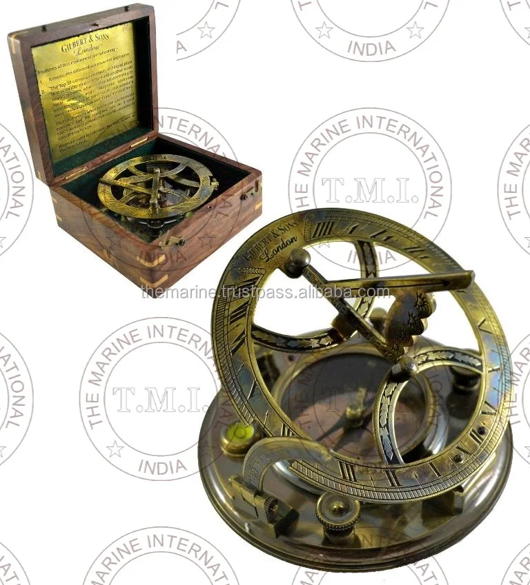 5" Antique Marine Brass Sundial Compass With Handcrafted Engraved (gilbert & Sons )wooden Box
