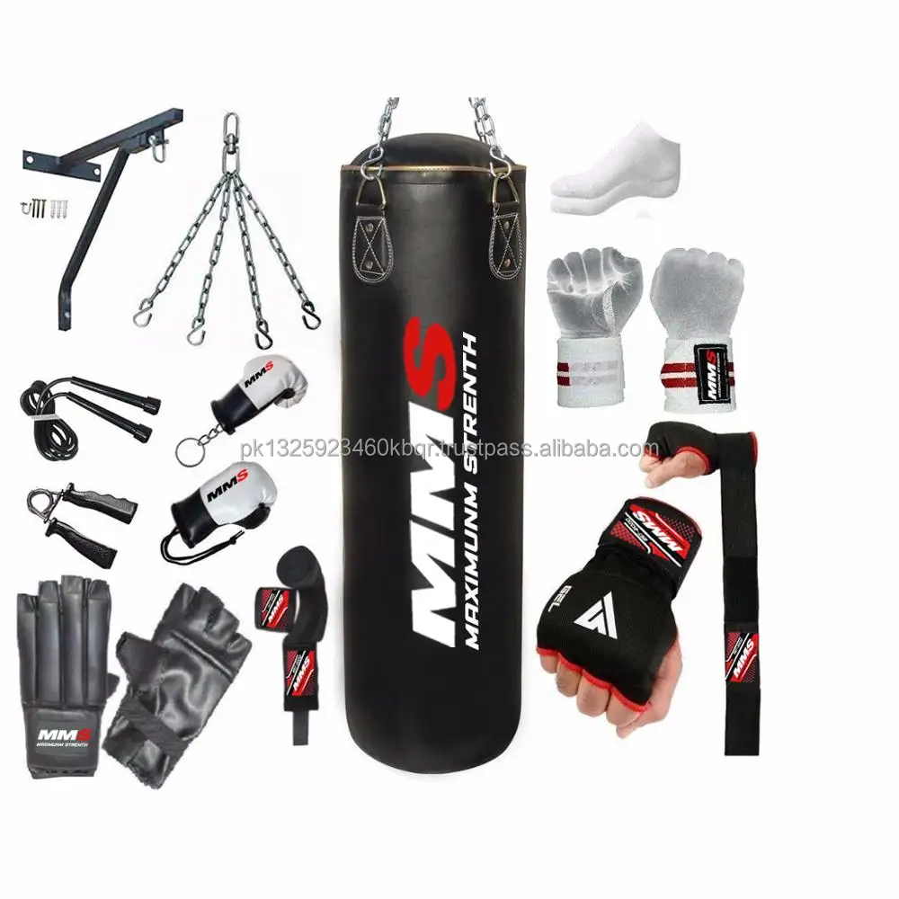15 Piece Filled Boxing Punch Bag Set Gloves Bracket Chain Mma 5ft Heavy Duty 