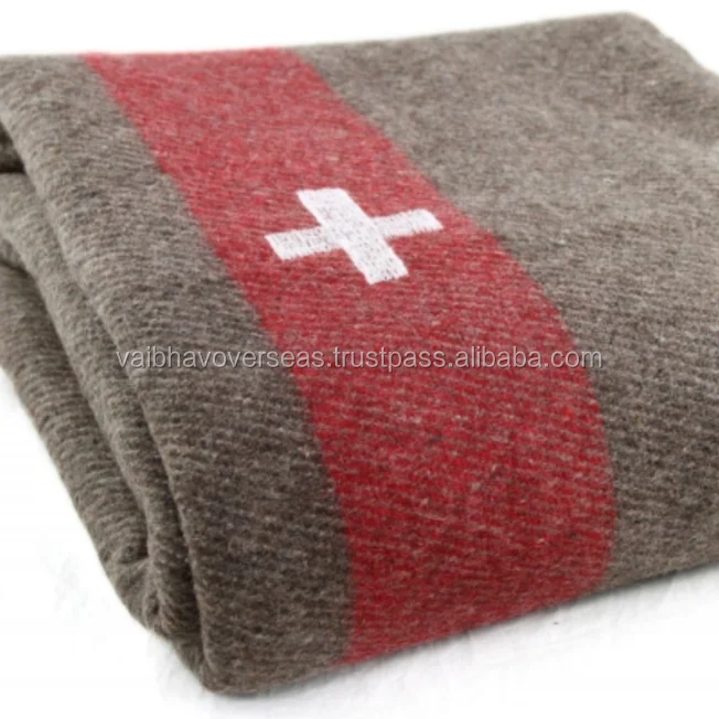 Swiss Army Wool Blanket – Stripe & Cross – High Quality Military Bedding Camping – Made In Switzerland