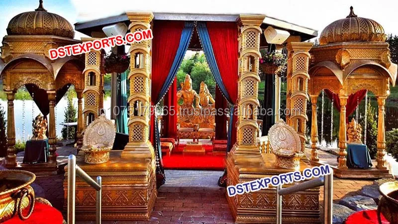 Indian Wedding Golden Carving Mandap Traditional Six Fiber Golden Mandap Small Fiber Statues Decorations