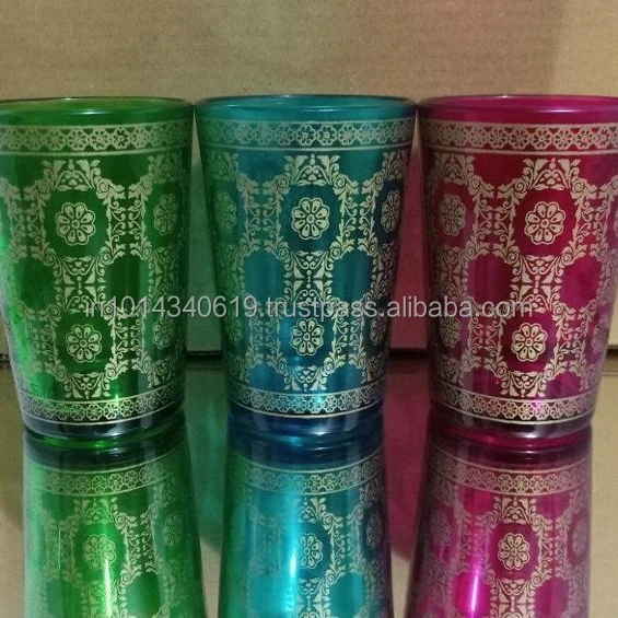 Moroccan Tea Glass Set of 6 Big Gold Shot Glasses Party Shot Glasses With Colorful Print