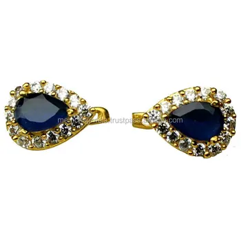 German silver pear shape gold plated zircon and blue topaz earring