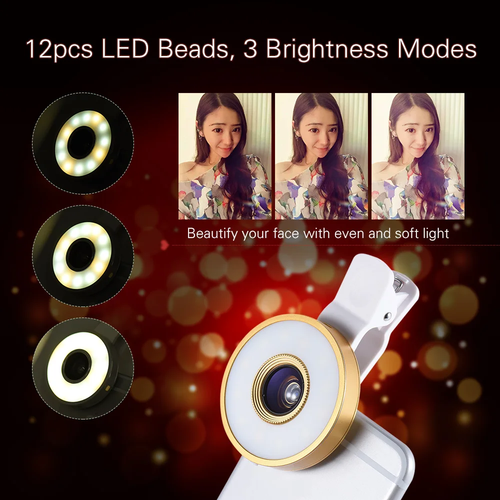 Universal In1 Fish Eye Lens Wide Angle Macro Mobile Phone Lens Photo Kit  with Filling Light for iPhone