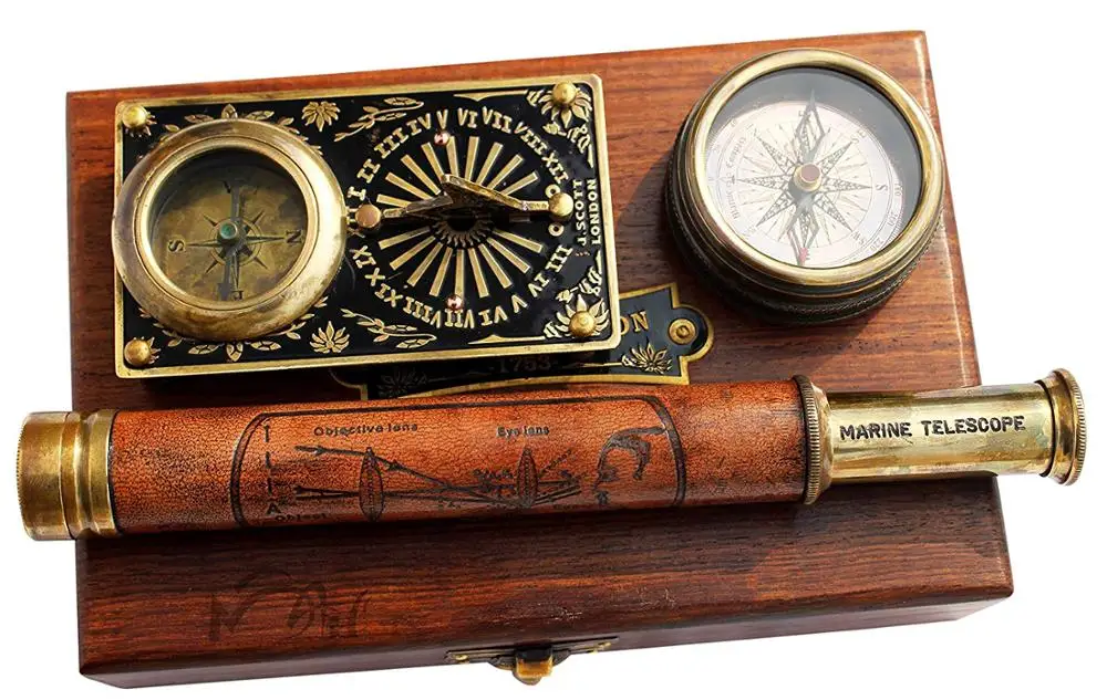 Set Of Three Marine Box With Compass Telescope & Sundial Compass