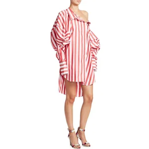 Asymmetric Striped Long Puff Sleeve Casual Women Shirt Dress Dresses