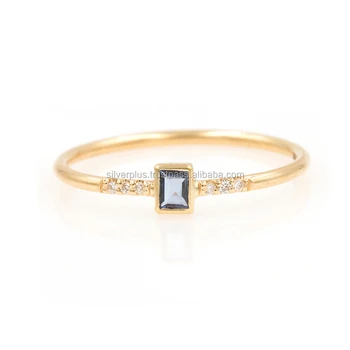 London Blue Topaz & Pave Diamond Solid 14K Yellow Gold Stackable Ring Handmade Minimalist Wholesale Jewelry