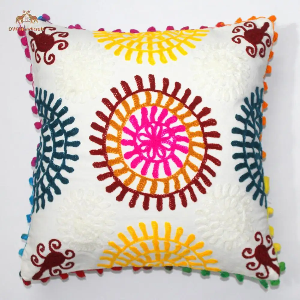 Indian Suzani Pillow Cases Cushion Cover Embroidered Square 16x16" Pom Pom Uzbek