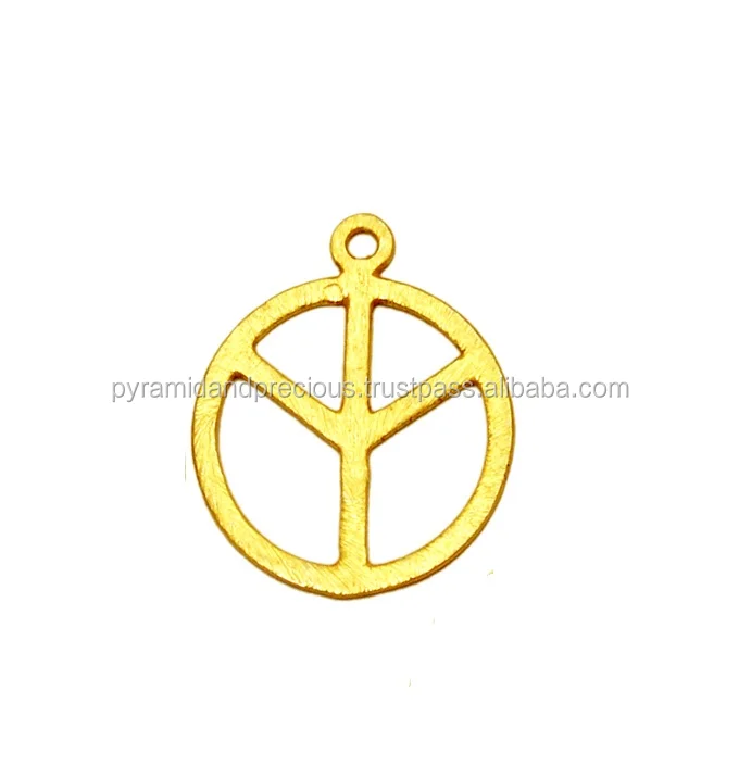 Hippie Peace Sign Round Brushed Gold Plated Metal Charms Pendant - Jewelry Findings Charms