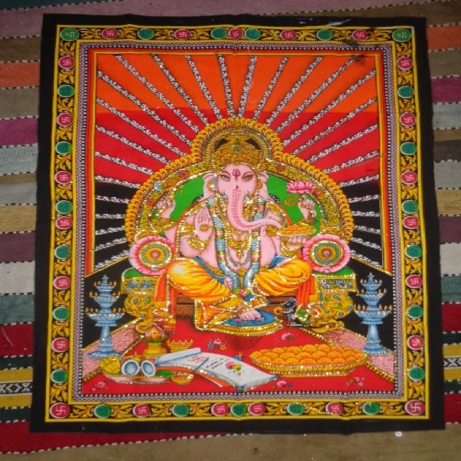 New 2024 Popular Hindu God Lord Ganesha Cotton Printed Sequin Wall
