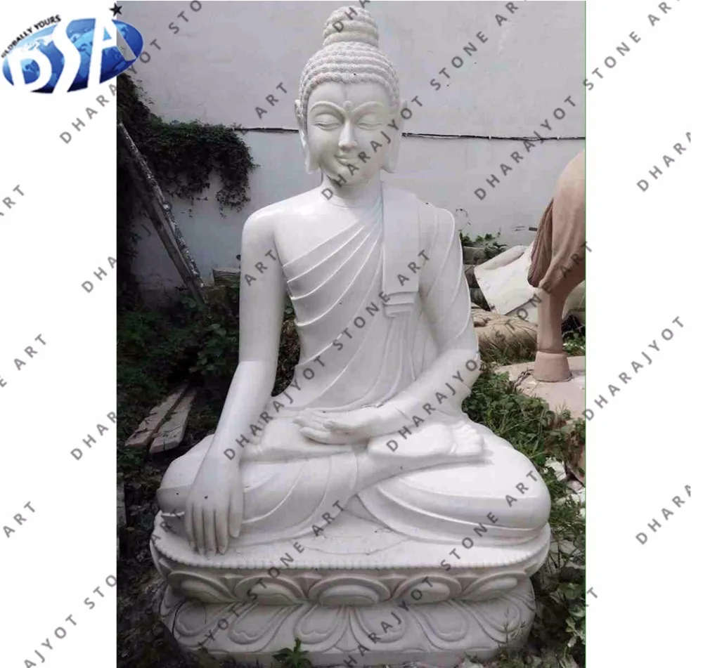 Antique Polished White Marble Sitting Buddha Statue Hand Carved Life