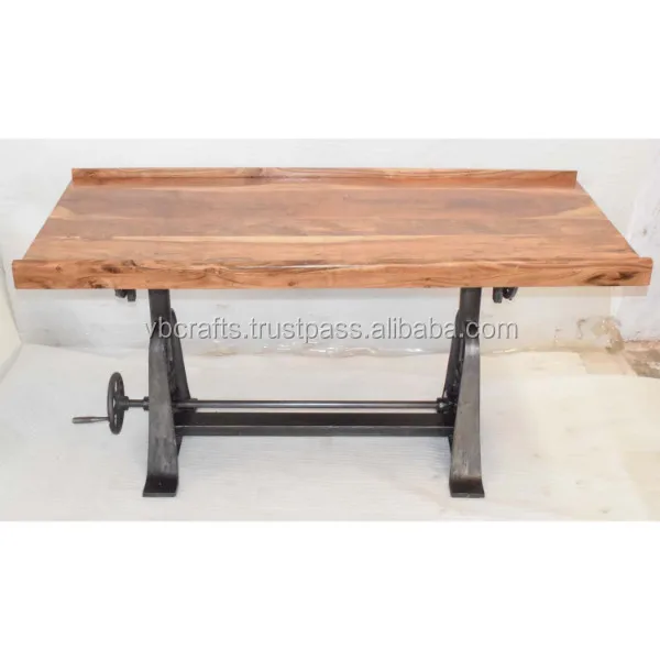 Acacia Thick Wood Top Industrial Drafting Table Metal Buy Industrial Wood Metal Dining Table