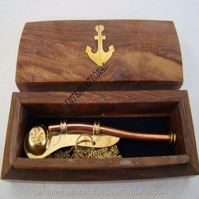 Nautical Maritime Brass/Copper Boatswain Whistle~Bosun Call Pipe~with Wood Box 