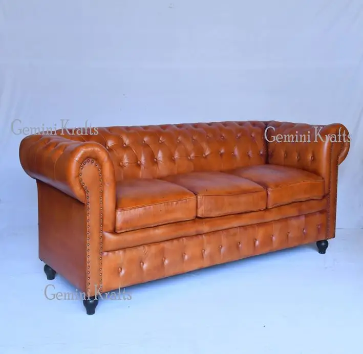 Three Seater Genuine Leather Chesterfield Sofa, Vintage Leather Sofa
