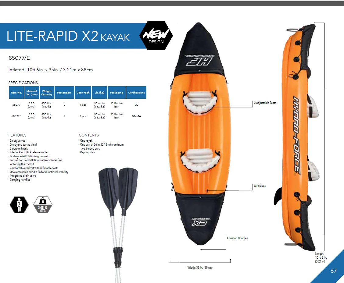 Bestway 65077 Hydro Force 126" X 35" 2 Person Inflatable Kayak