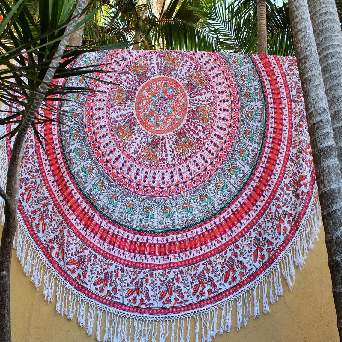 Круглый индийский богемный гобелен с мандалой, плед для пляжа и пикника, коврик для йоги, украшение в стиле бохо, настенное полотенце с мандалой 72 дюйма, круглый коврик