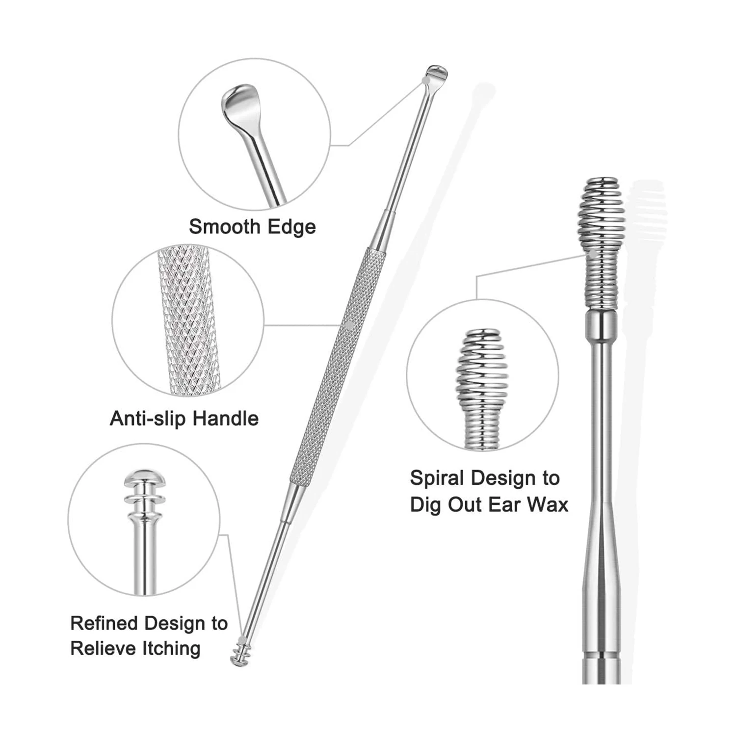 Ear Wax Removal Kit, 6-in-1 Ear Pick Tools Curette Cleaner Reusable Ear Cleaner, Medical Grade Stainless Steel Ear Wax Remover