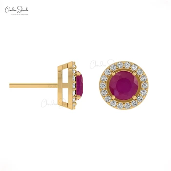 Natural Ruby Round Diamond Halo Solitaire Stud Earrings Wholesale in 14k Solid Gold for Women Jewelry Manufacturers