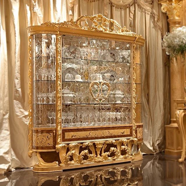 Grand Palace Living room furniture Gold Royal Hand Made Carved Wood Italian Classic style Antique Luxury Glass Cabinet Display