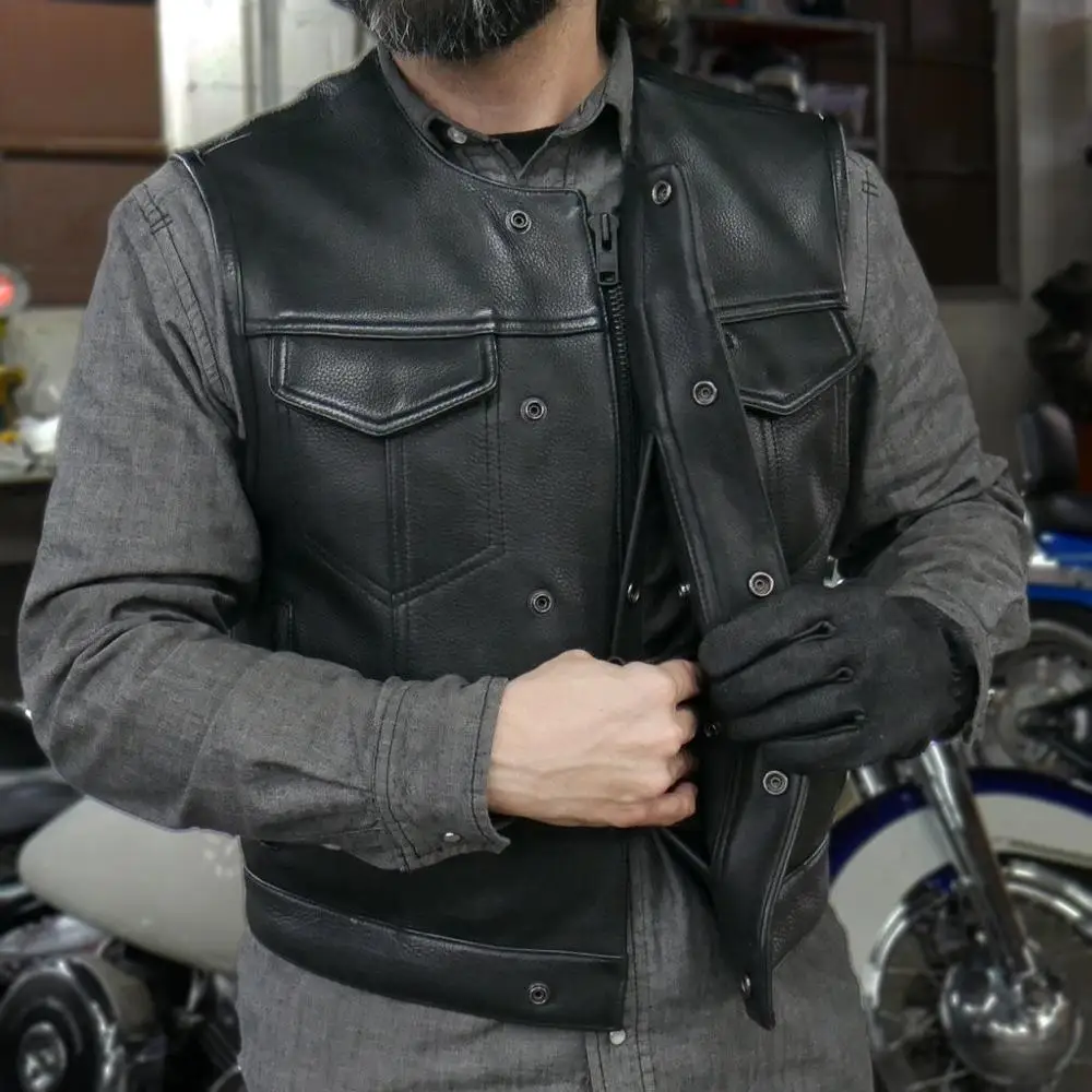 Motorcycle Leather Vest Biker Vest Black Vest Rocker Waistcoat Buttoned Men Vest S