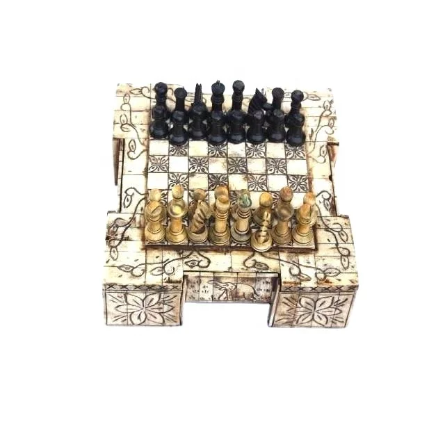 Handmade Chess Set Made in Bone Inlay  With Curving Bone Craft  Indian Handicrafts  Chess Armory Chess Set