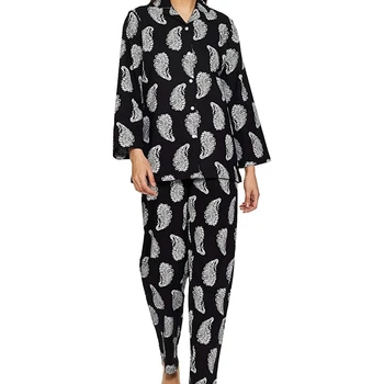 Pajamas Plus Size Women's Sleepwear Breathable Fabric Full Sleeves Paisley Printed Cotton Nightwear Two Pieces Set 100% Cotton
