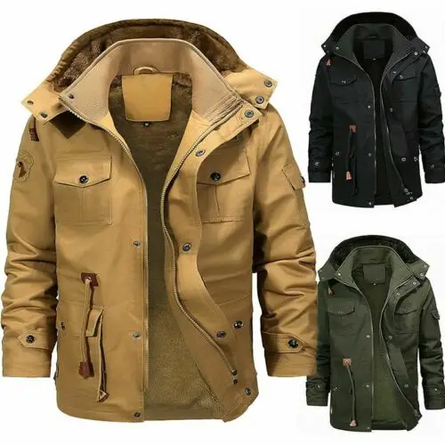 mens winter fleece warm hooded multi pockets casual cotton jacket