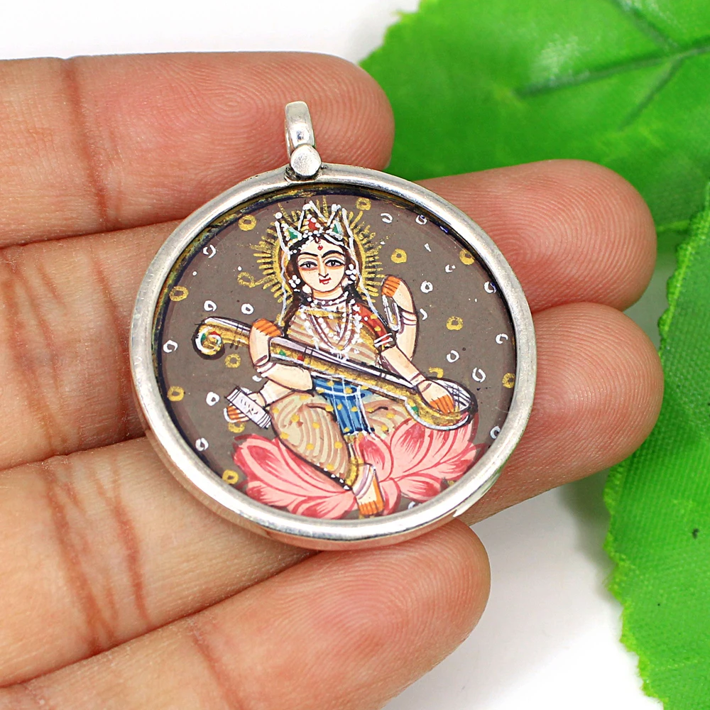 Handmade Pendant Hammer Stamped Pendant 92.5 Sterling Silver Pendant Hindu Goddess of Wisdom Music and Knowledge Maa Saraswati small Pendant