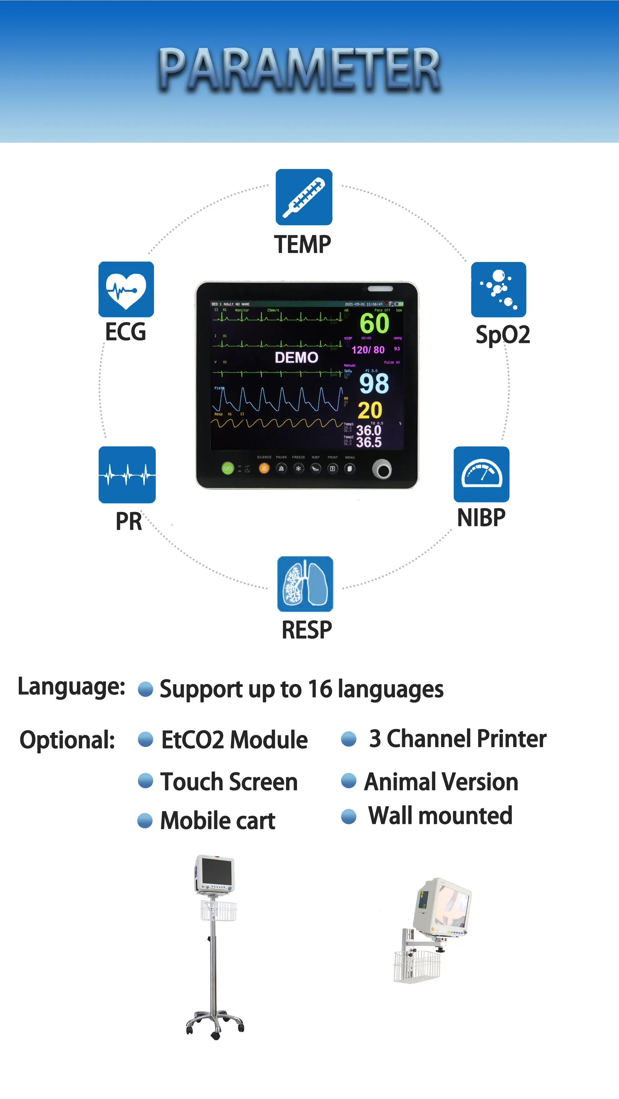 15 Inch Medical Vital Monitor 6 Parameter ICU Patient Monitor PM9000-GTE2 with 2 Years Warranty and Class III Certification