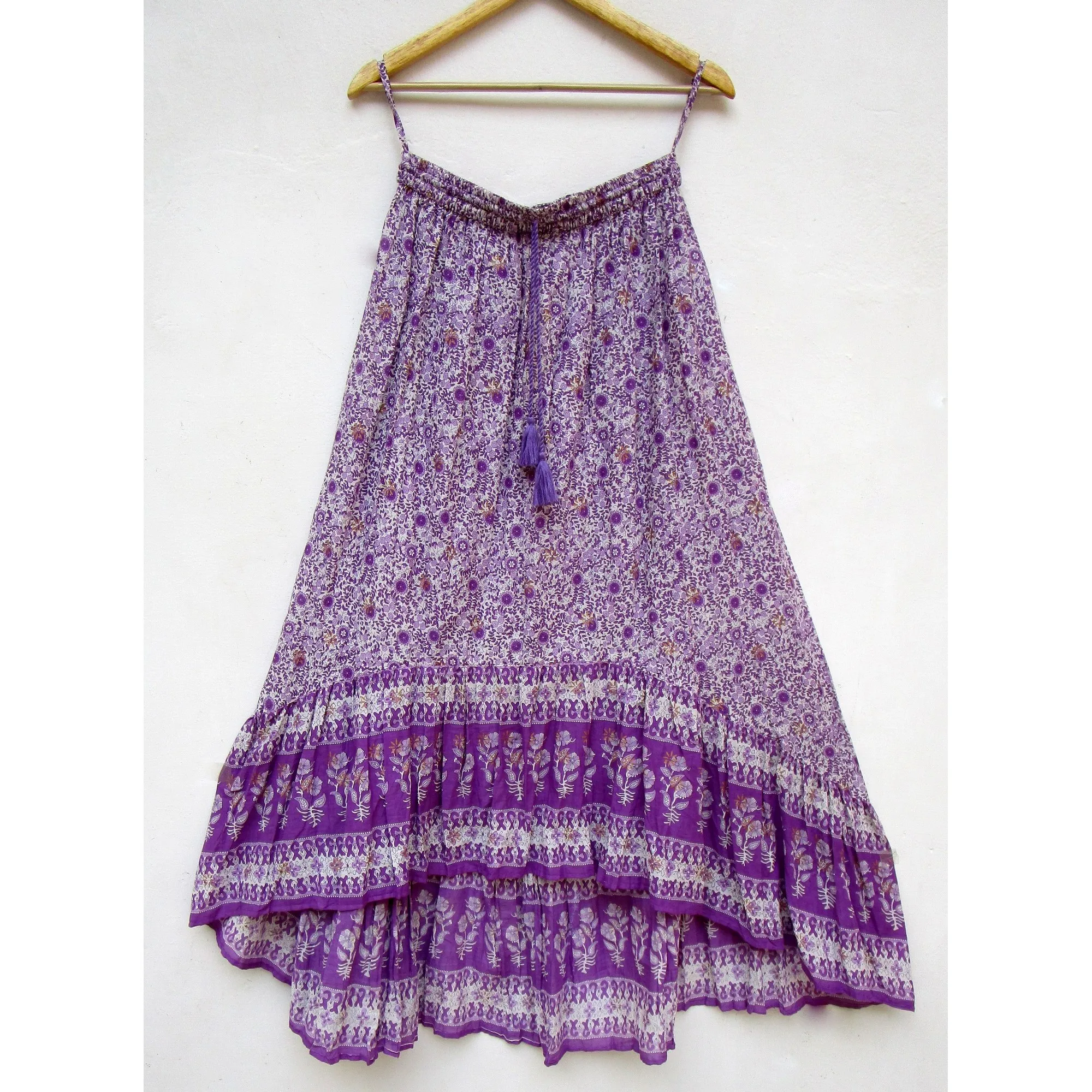 purple floral bottom frill bohemian summer casual long skirt for
