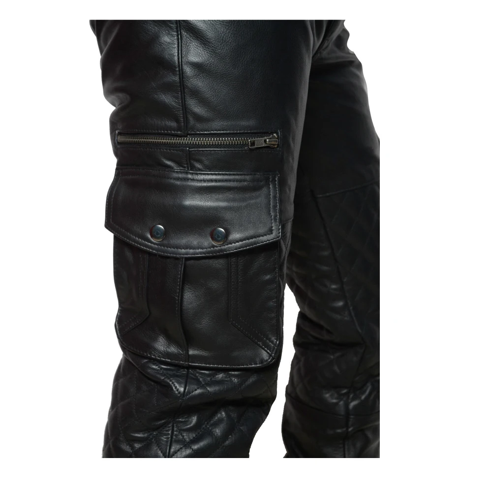 Men's Real Cowhide Leather Pant Cargo Quilted Panel Breeches Trousers ...