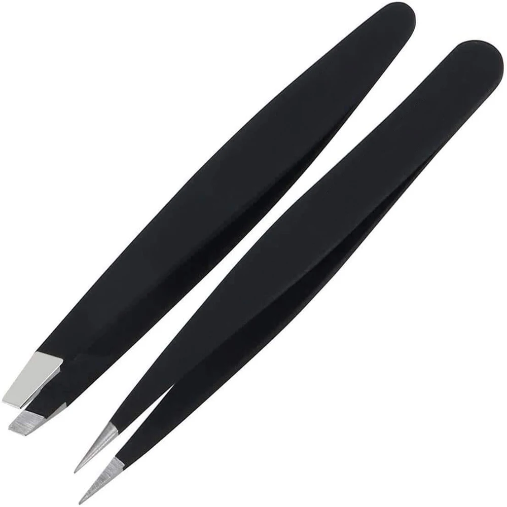 Hot Sale Black Color Coated Eyebrow Tweezers With Pink Rubber Grip