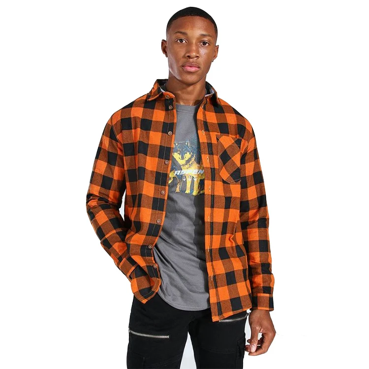 Orange Checked Casual Flannel Shirt