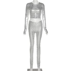 New Arrivals Nightclub Sexy Fall Women Clothes Sliver Long Sleeve Hollow Out Slim Pants Two Piece Sets