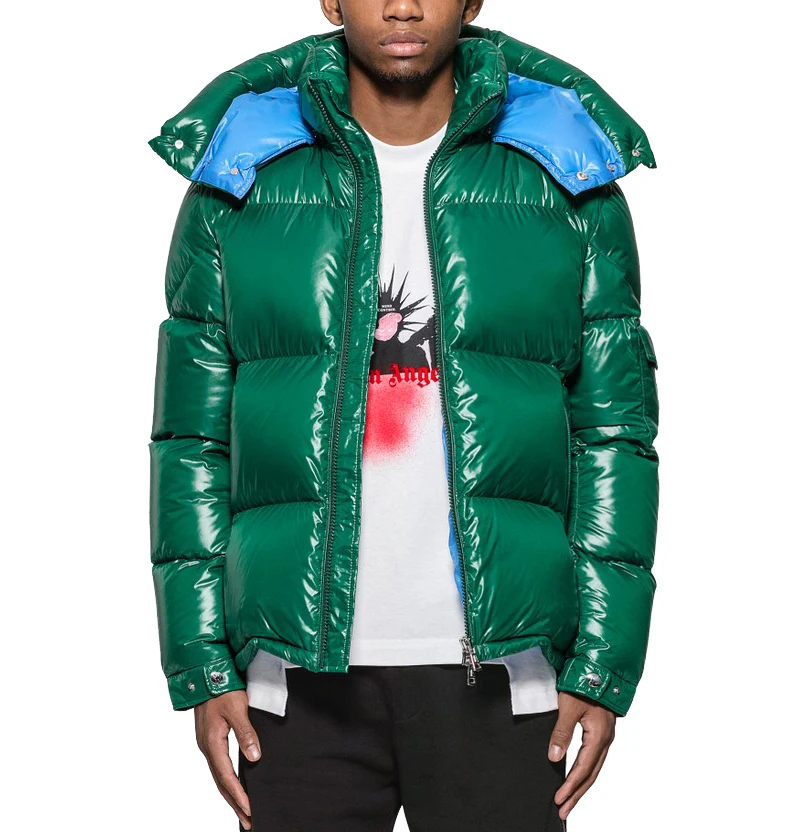 green shiny puffer coat