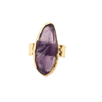 Wholesale collection natural raw rough amethyst february birthstone brass gold plated hammered finish band ring fashion rings