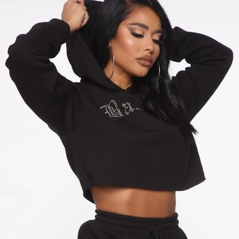 French Terry Cloth Cropped Long Sleeves Hoodie For Girls Custom Rhinestone  Logo Crop Top Hoodie For Women's - Buy Custom Drawstring Crop Top Transfer  French Terry Fleece Cotton Workout Women Pullover Rhinestone