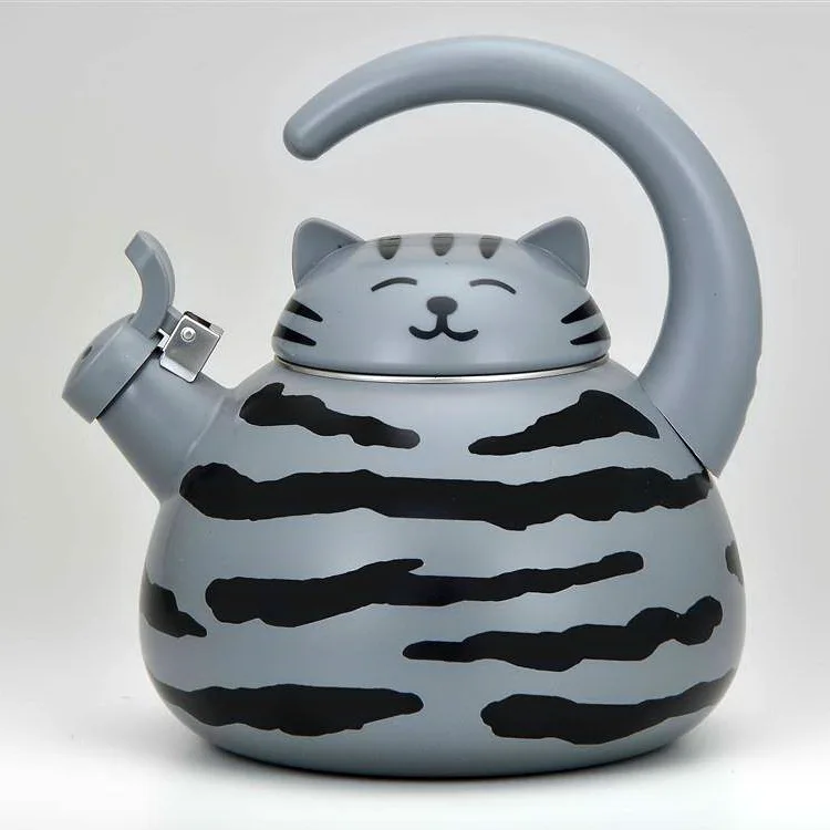 Black Enameled Luzern Kettle Porcelain with Cat Head Shape of Lid and Cat  Body Design 2.0LT/2.1QT.