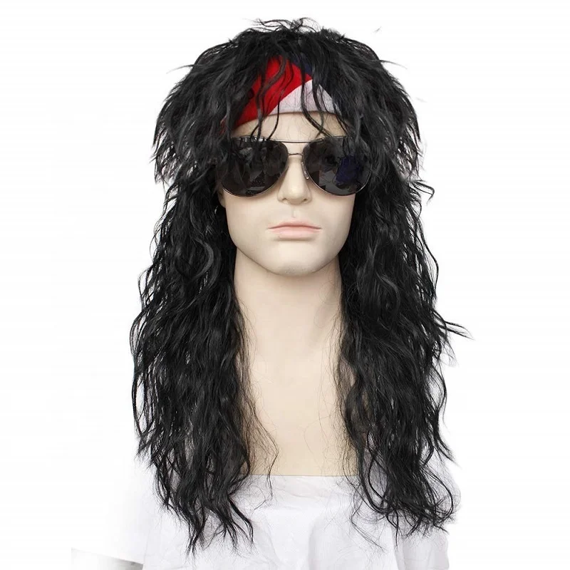 80s Mens Retro Classic Fashion Metal Rock Punk Party Wig Metal Rocker Black Hair Wigs Anogol Hair Cap 