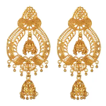 Indian Bollywood 14K Gold Plated Jhumka Jhumki Tassel Dangle Chandelier Earring Set Jewelry for Wedding