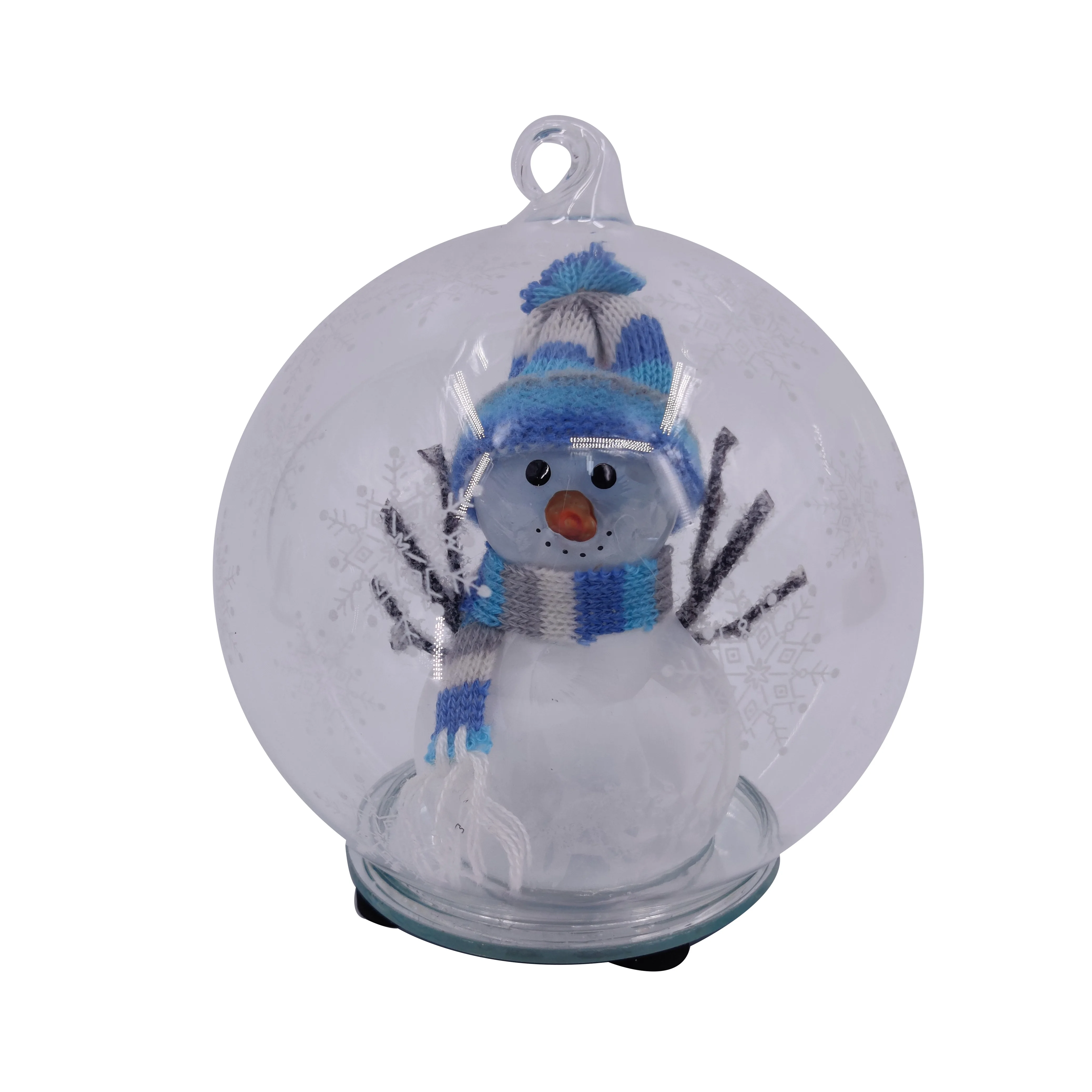 80 100 mm battery operated prelit hanging glass ornament bauble with snowman novelty glass bauble for christmas tree decoration