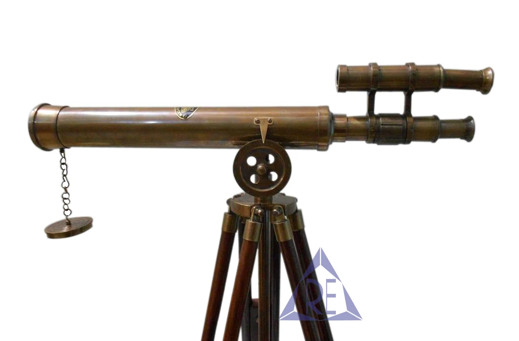 Antique Brass Double Barrel Telescope With Wooden Tripod Stand Marine