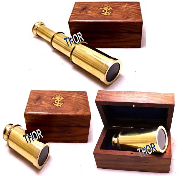 Captains 6 Brass Handheld Mini Telescope with Wooden Box Nautical Leather Telescope Collectibles Gift Item