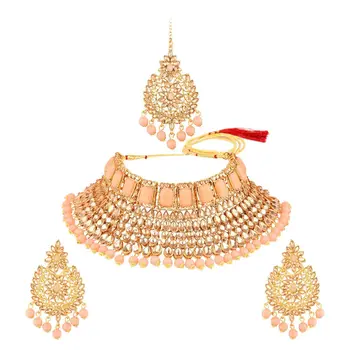 Indian Traditional Jewellery Gold Plated Crystal Kundan Choker Necklace Jewelry Set For Women Indian Bridal Jewelry Sets, Peach