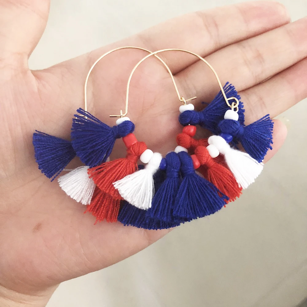 Hot Sale Blue White Red Beaded Hoop Earrings 4th of July Independence Day Beaded Tassel Earrings Women