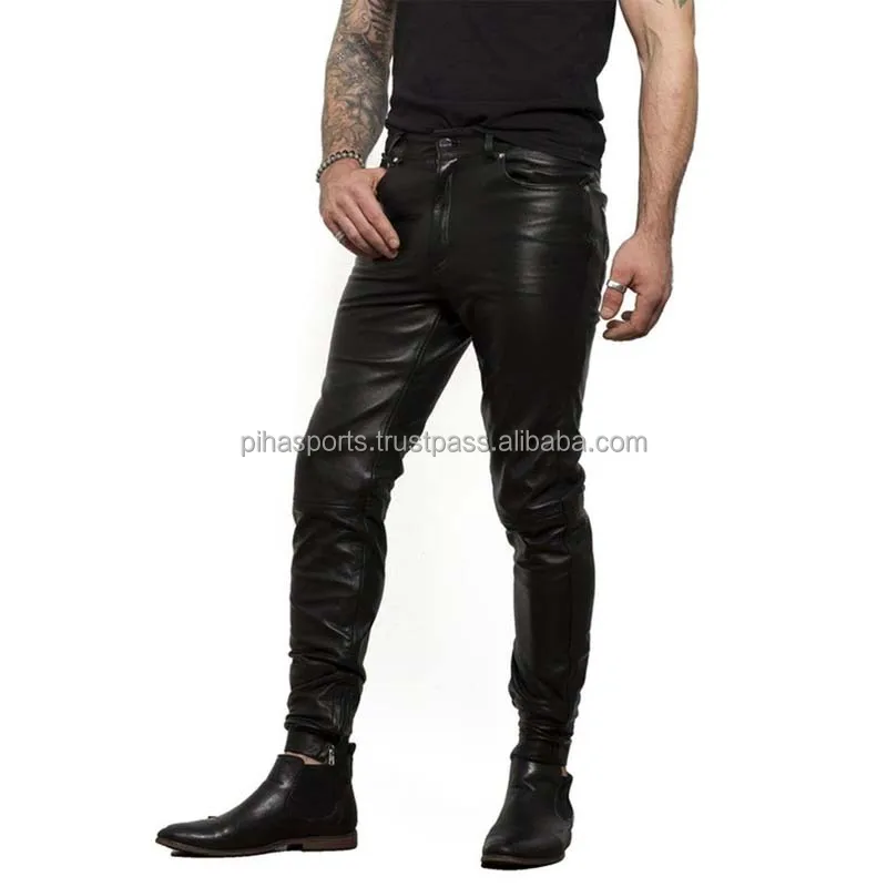 Nouveau Homme Véritable Cuir D'Agneau Pantalon Slim Fit Stylé Moto Pantalon Noir 